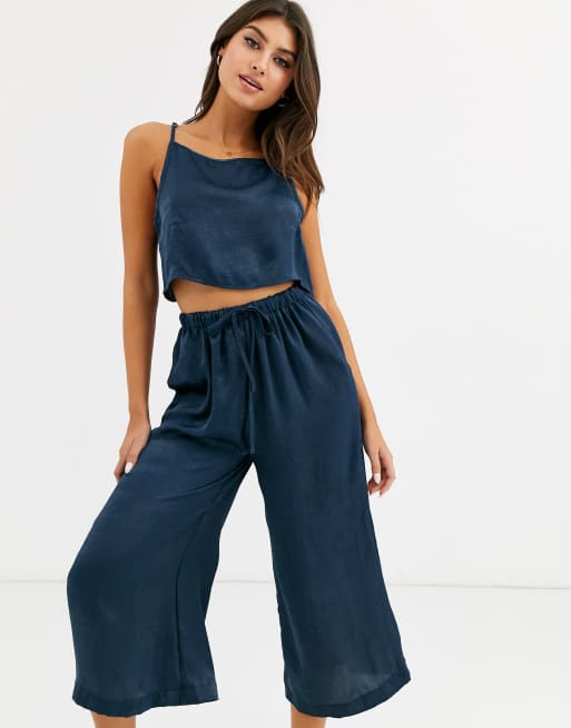 Missguided satin culotte pyjama set in navy | ASOS