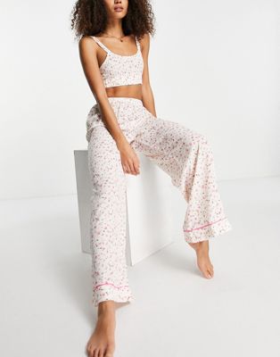 satin floral pajama set in white