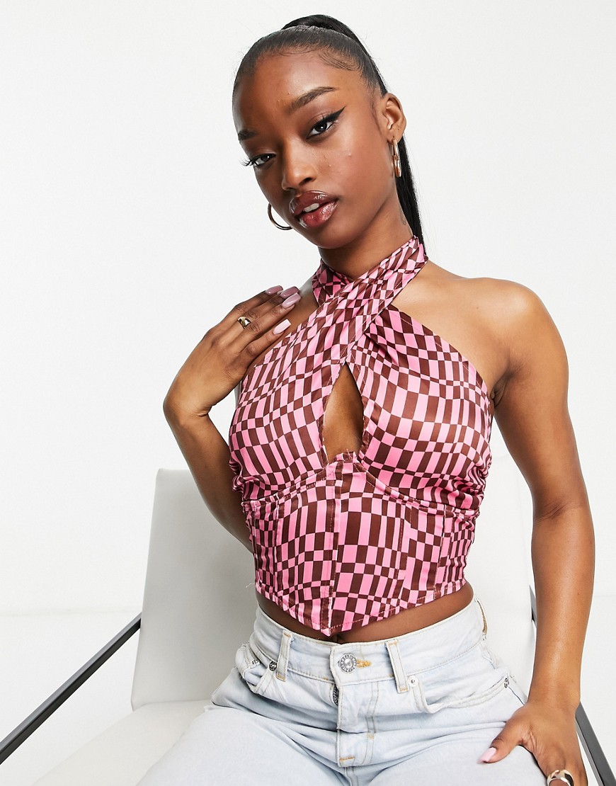 Missguided satin halter neck corset top in pink checkerboard - part of a set