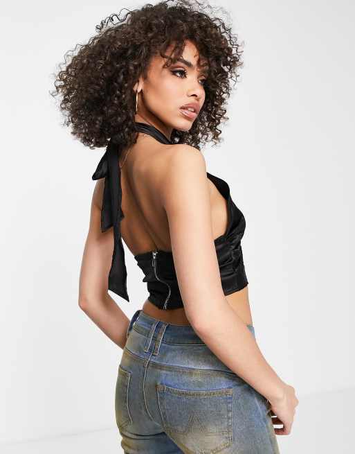 Missguided satin halterneck corset top in black