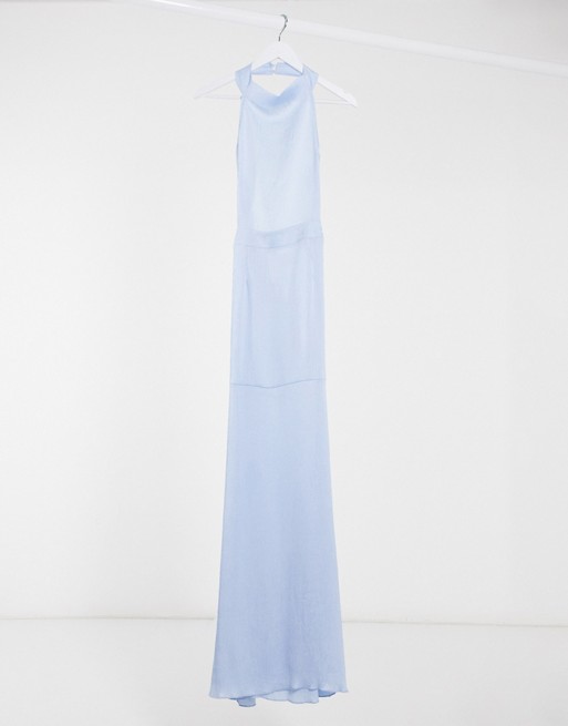 Missguided satin high neck maxi dress in blue