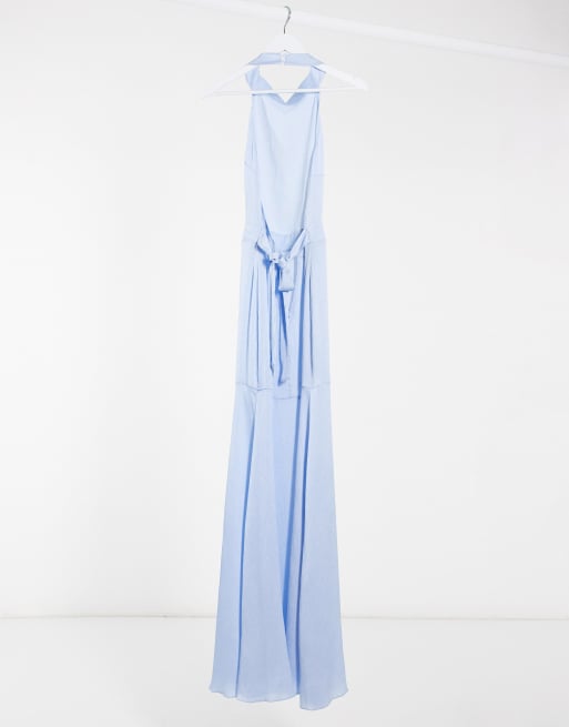 Missguided satin high neck maxi dress in blue