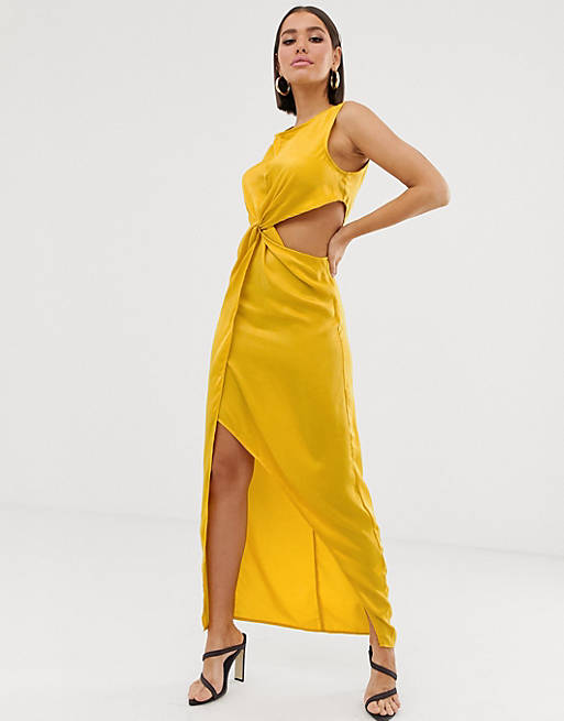 Missguided satin maxi dress with twist front and cut out in yellow | ASOS