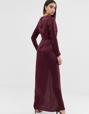 missguided satin maxi dress with twist front and split in burgundy