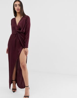 missguided satin maxi dress with twist front and split in burgundy