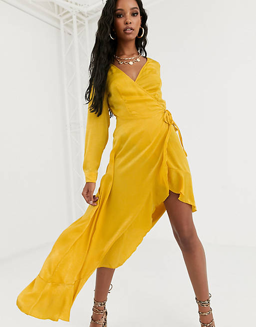 Missguided satin midi dress with button detail in yellow | ASOS
