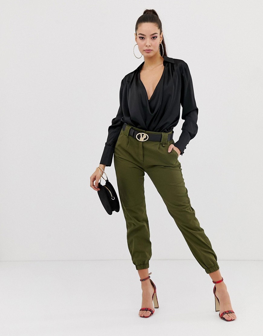 Missguided satin plunge gathered blouse in black