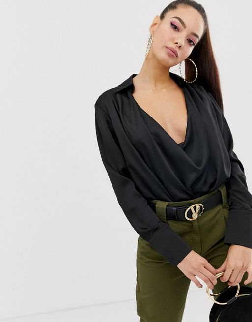 Missguided satin plunge blouse in black