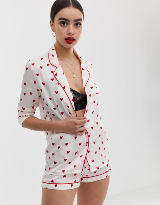 Missguided satin pyjama set in heart print