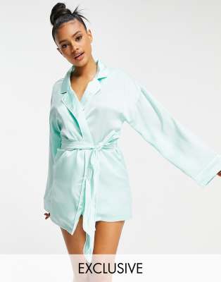 Missguided Satin Robe With Embroidered Logo In Mint green ModeSens