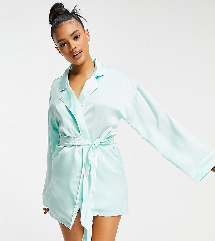 Missguided satin robe with embroidered logo in mint-Green