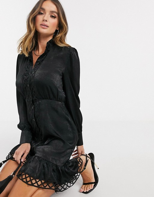 Missguided satin shirt dress with lace trim in black