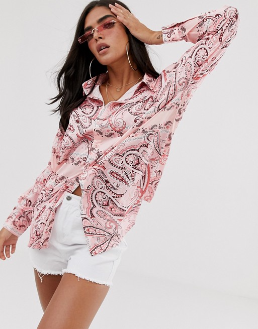 Missguided satin shirt in pink paisley print