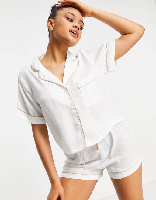 Missguided satin short sleeve bride pajama set in white