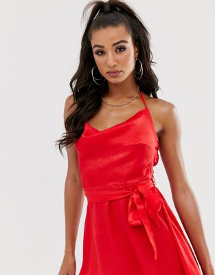 red satin skater dress