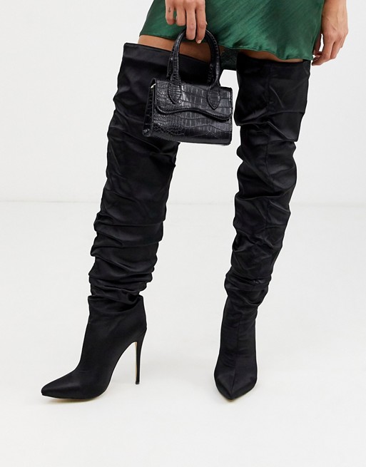 Missguided satin thigh high boot in black | ASOS