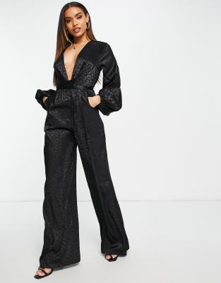 Missguided satin tie front wide leg jumpsuit in black