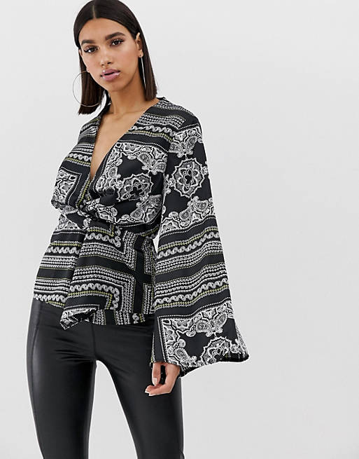 Missguided satin twist front blouse in scarf print