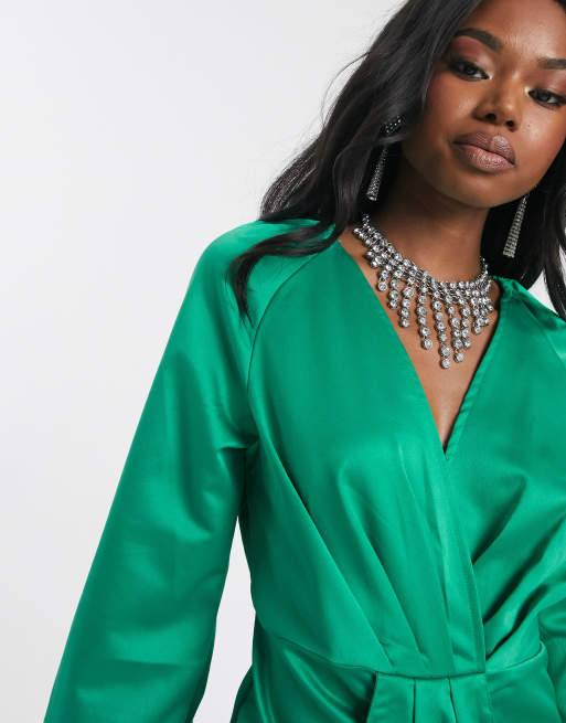 Missguided satin twist front drape dress in green