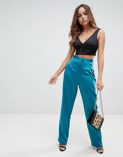 Missguided satin wide leg trousers in teal | ASOS
