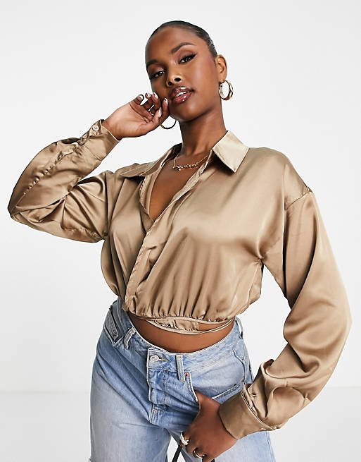 Missguided satin wrap blouse in champagne (Part of a set)