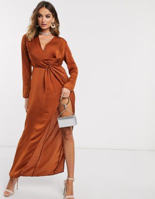 satin wrap front maxi dress