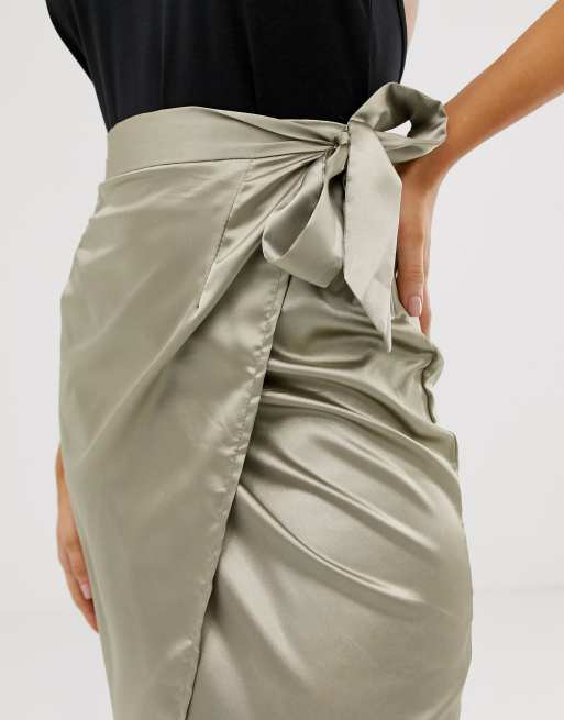 Missguided satin wrap 2025 midi skirt in green