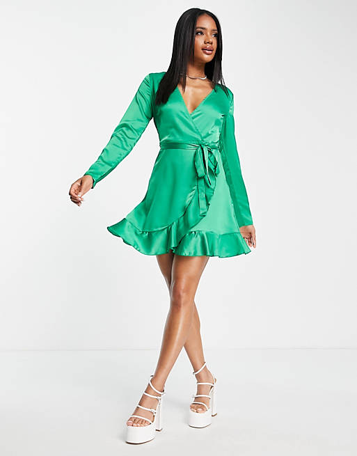 Missguided satin wrap mini dress in bright green