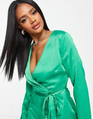 Missguided satin wrap mini dress in bright green