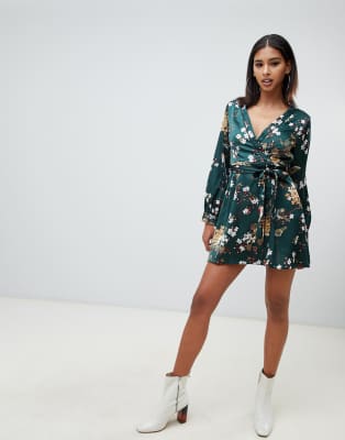 green floral satin dress
