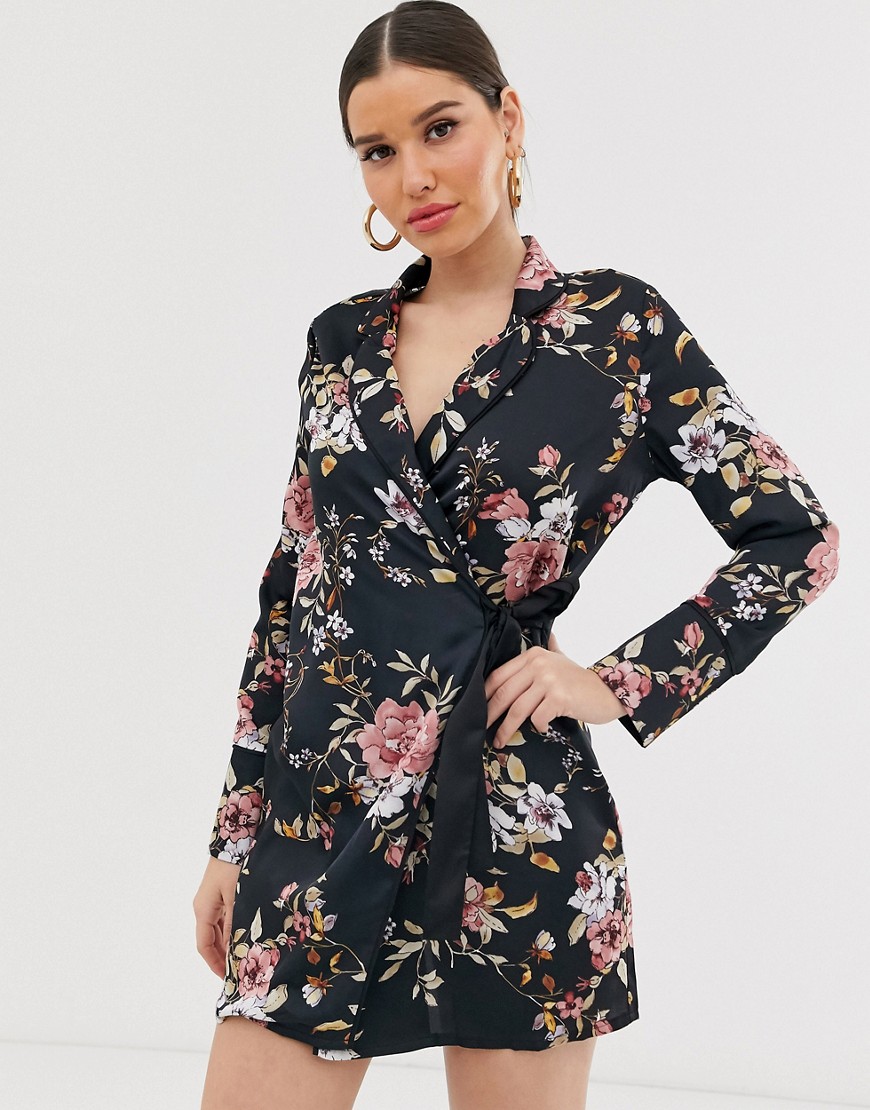 Missguided satin wrap shirt dress in floral print-Black