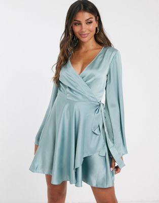 Missguided satin wrap skater dress with 