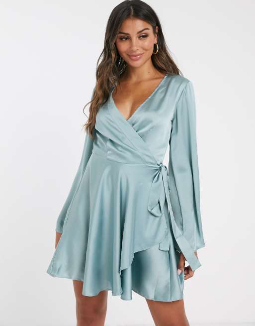 Missguided satin wrap skater dress with tie side in blue