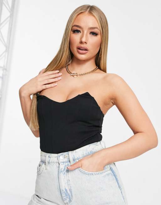 Missguided – Schwarzer Body mit Korsettdetail in Neoprenoptik