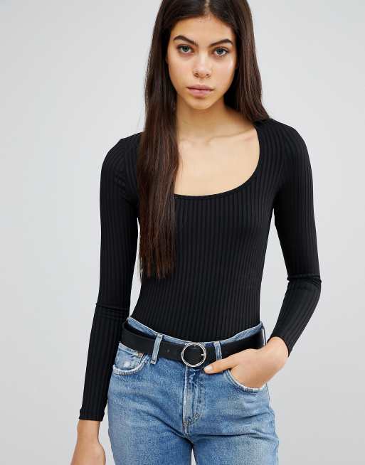 Essential Long Sleeve Scoop Neck Bodysuit | Black