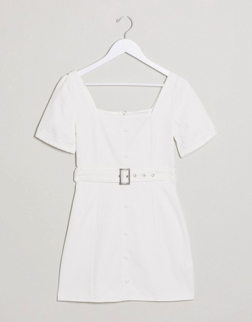 Missguided self belted puff sleeve denim mini dress in white