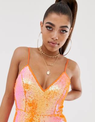 orange sequin jumpsuit