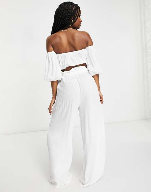 Missguided – Set aus Bardot-Oberteil und Hose mit weitem Bein in grob gewebter Baumwolle in Weiß, 2 von 4