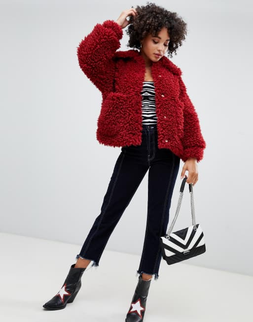 Missguided shaggy borg jacket in red