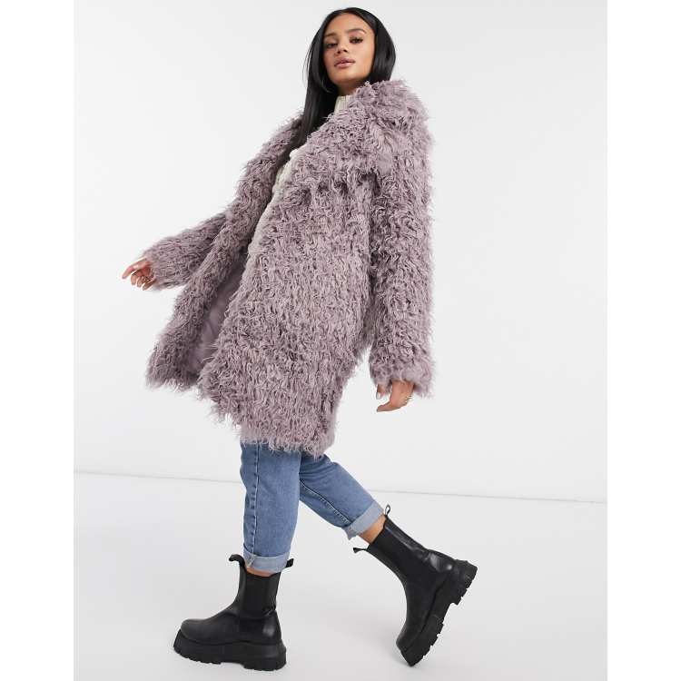 Missguided shaggy faux fur coat in purple | ASOS