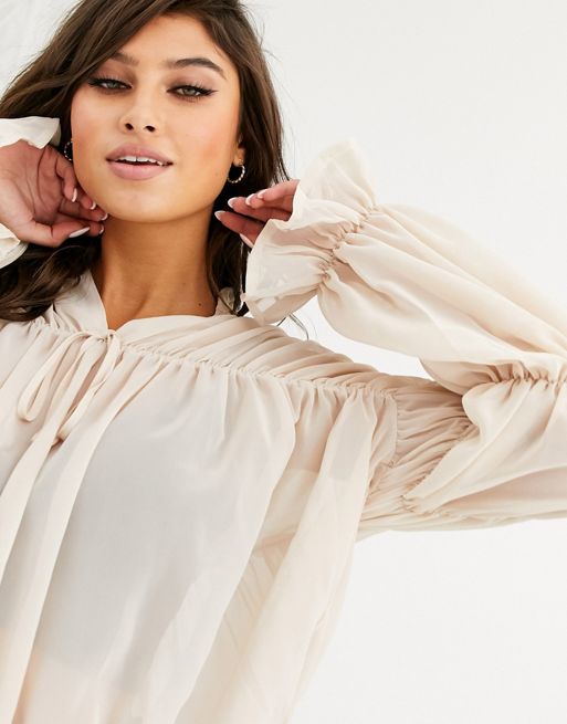 Missguided sheer blouse with blouson sleeves in stone