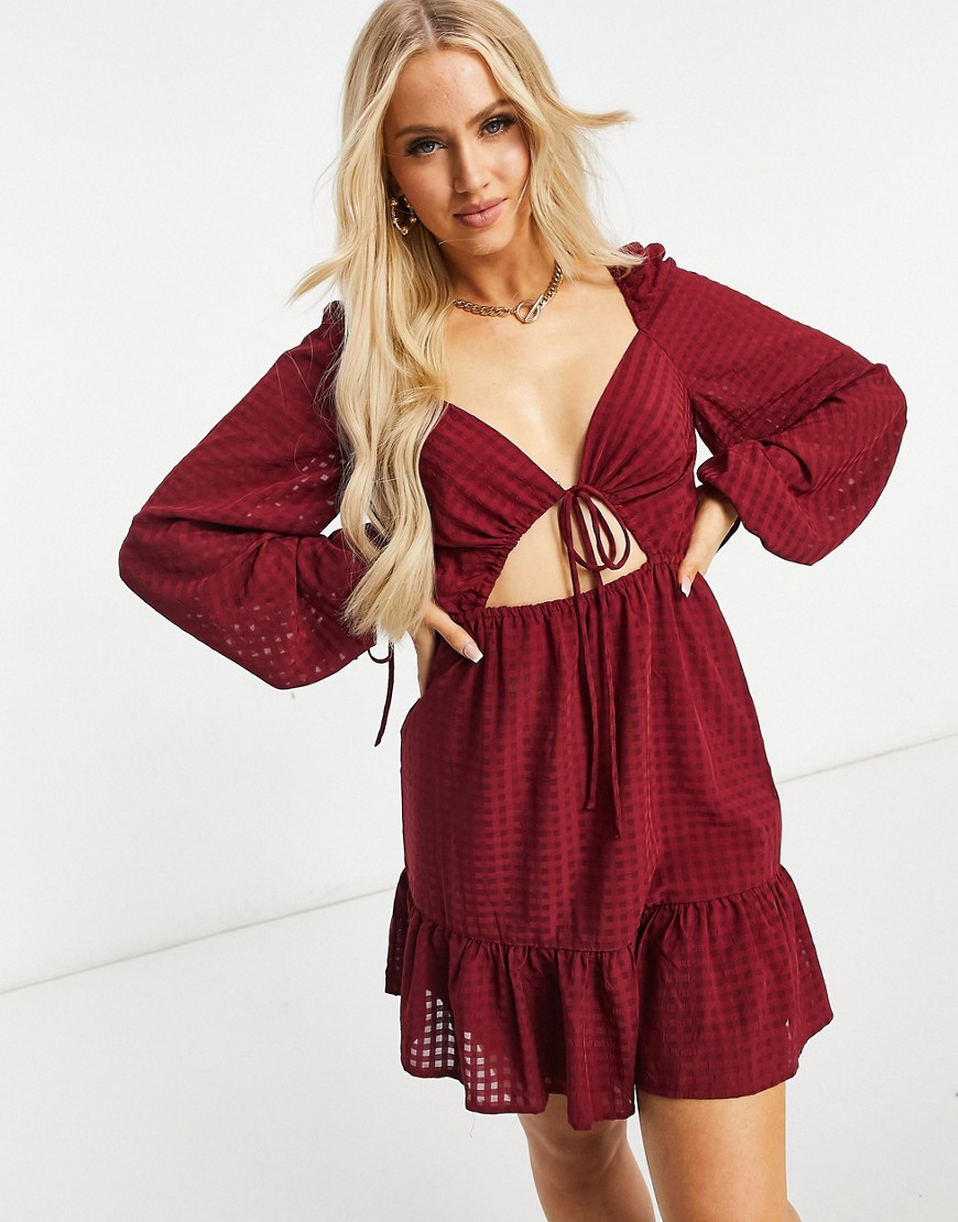 Missguided sheer check skater dress with cut outs in burgundy-Red