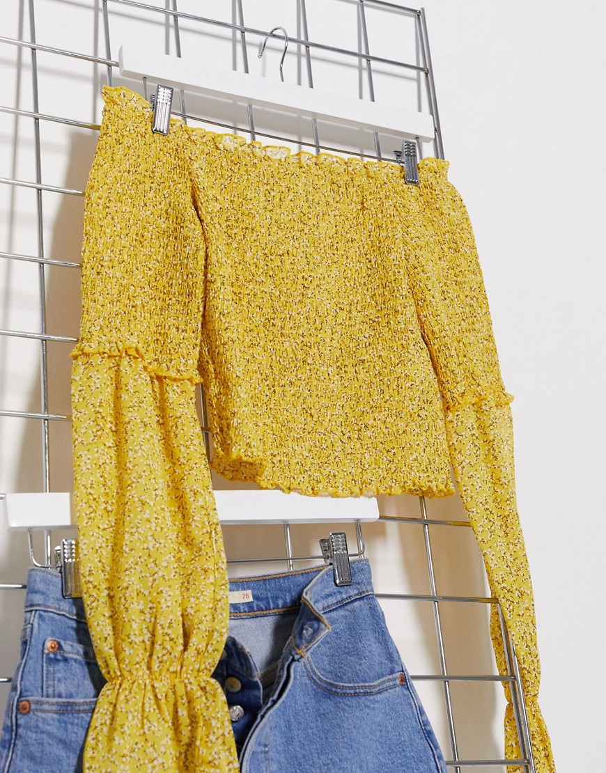 Missguided shirred bardot top with long sleeves in ditsy floral print-Yellow