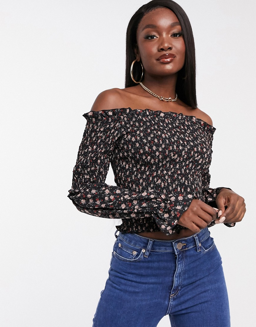 Missguided shirred bardot top with long sleeves in ditsy floral print-Black