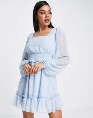 Missguided shirred dobby mini dress with long sleeve in light blue