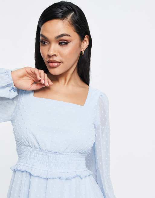 Missguided shirred dobby mini dress with long sleeves in light blue | ASOS