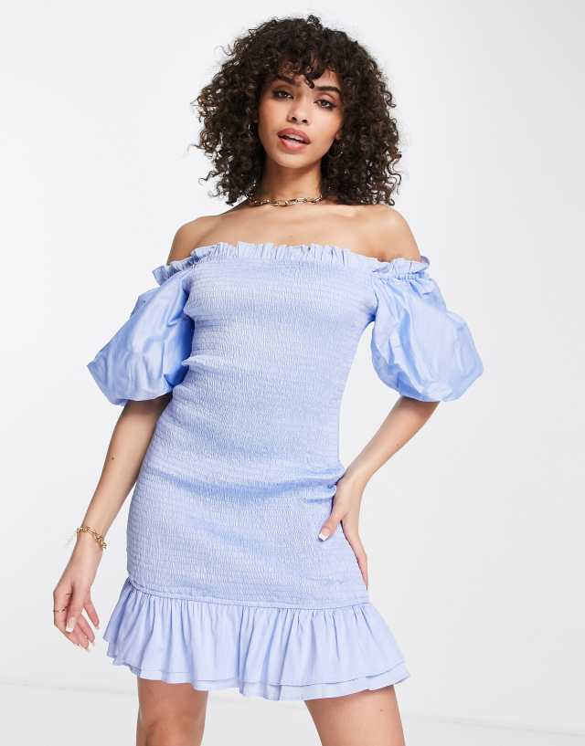 Missguided shirred puff sleeve frill hem mini dress in blue