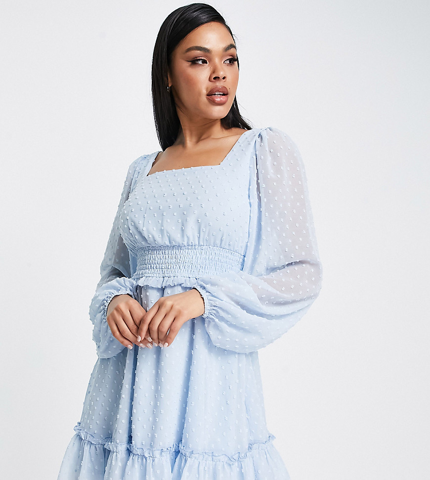 Missguided shirred textured mini dress with long sleeve in light blue
