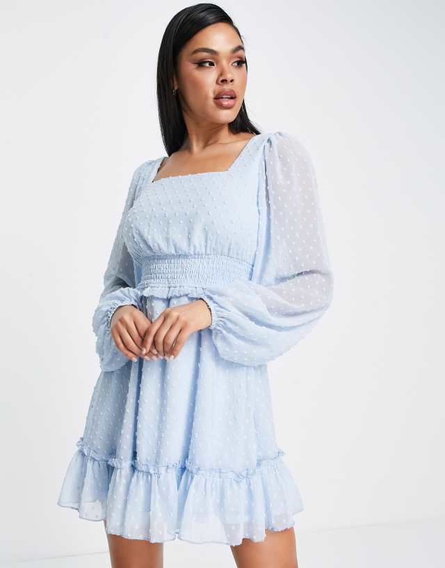 Missguided shirred textured mini dress with long sleeve in light blue