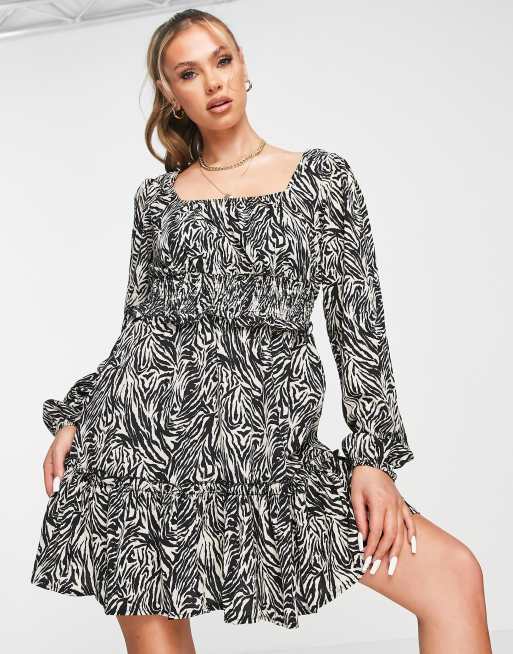 Missguided shirred waist tiered mini dress with long sleeve in zebra